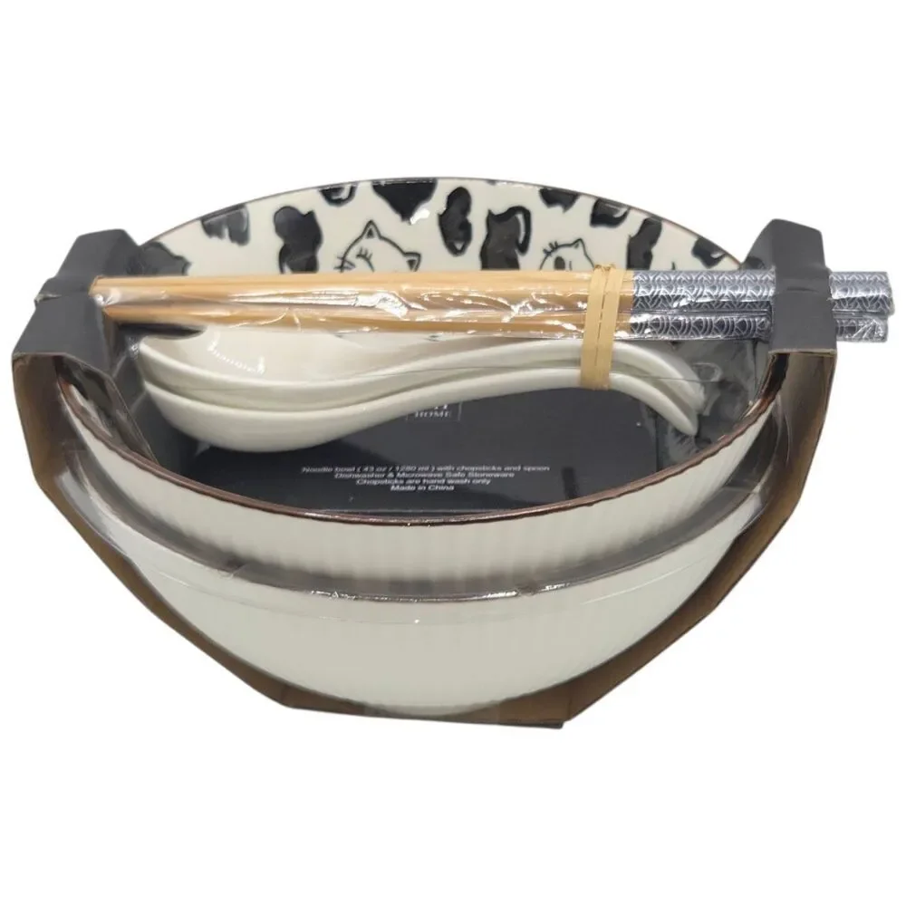 SH Home Set of 2 Cats Ceramic Ramen Noodle Bowl 43oz With‎ Chopsticks And Spoons